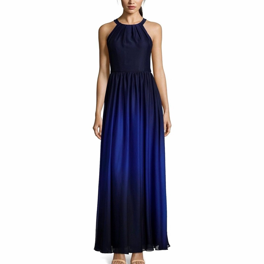 BETSY & ADAM WOMEN'S BLUE OMBRE CHIFFON TIE-NECK HALTER GOWN DRESS SIZE 14